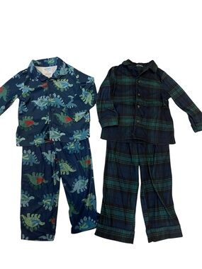 Toddler Boy’s Cozy Button Up Two-Piece Pajamas Dinosaurs Plaid